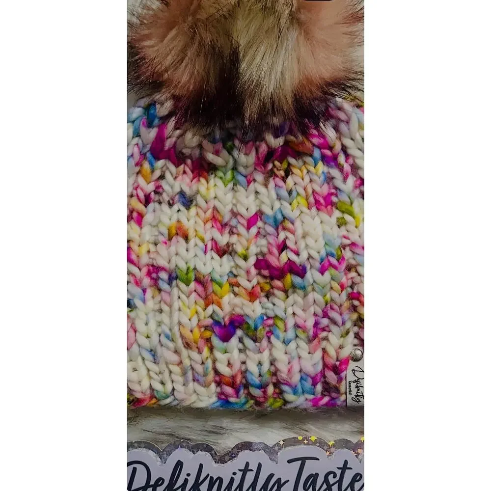 Hand Knit Merino Wool Beanie: Open Ridge Knit Hat with Faux Fur Pom